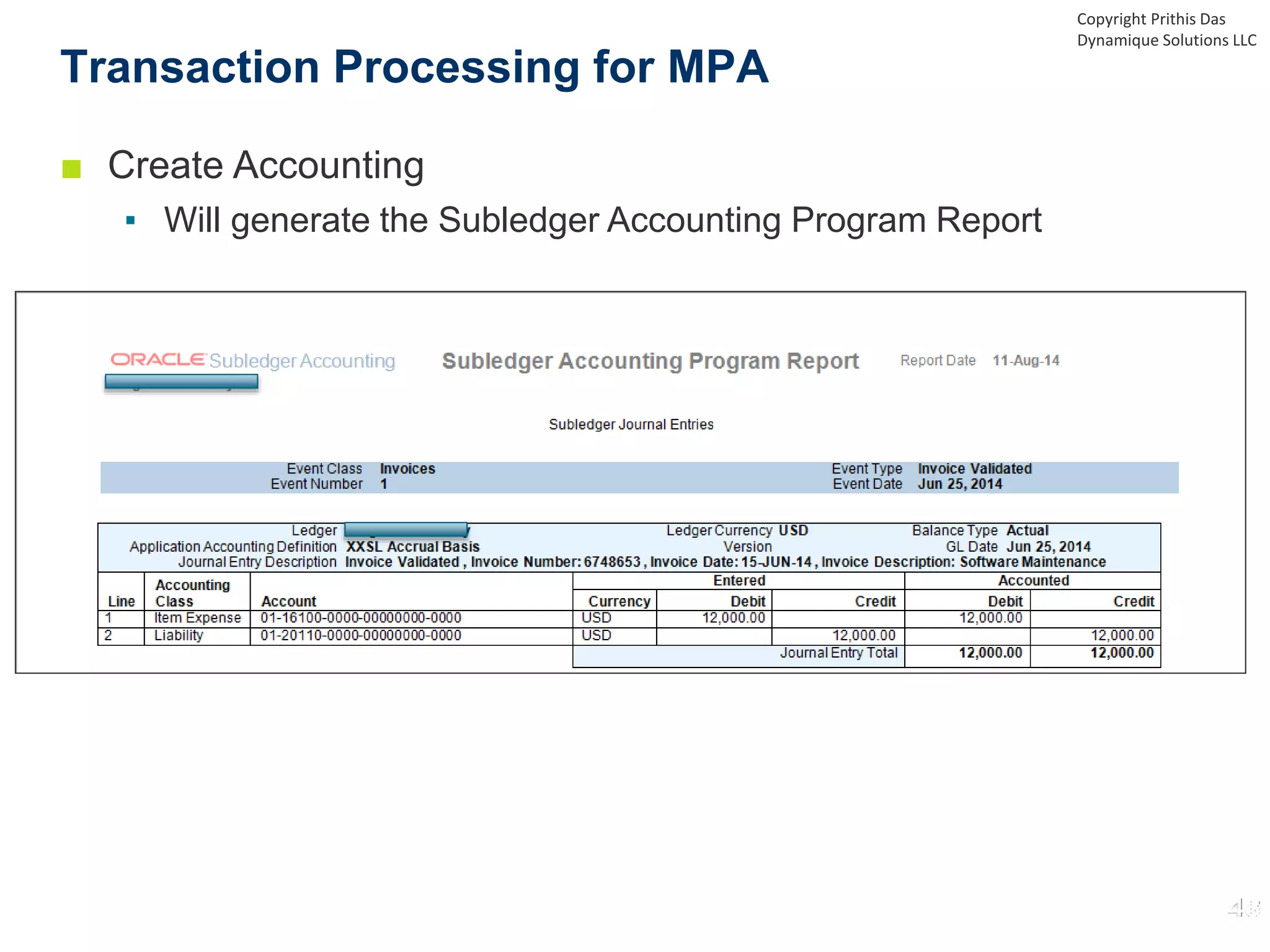 ■ Create Accounting
▪ Will generate the Subledger Accounting Program Report
Transaction Processing for MPA
Copyright Prithis Das
Dynamique Solutions LLC
 