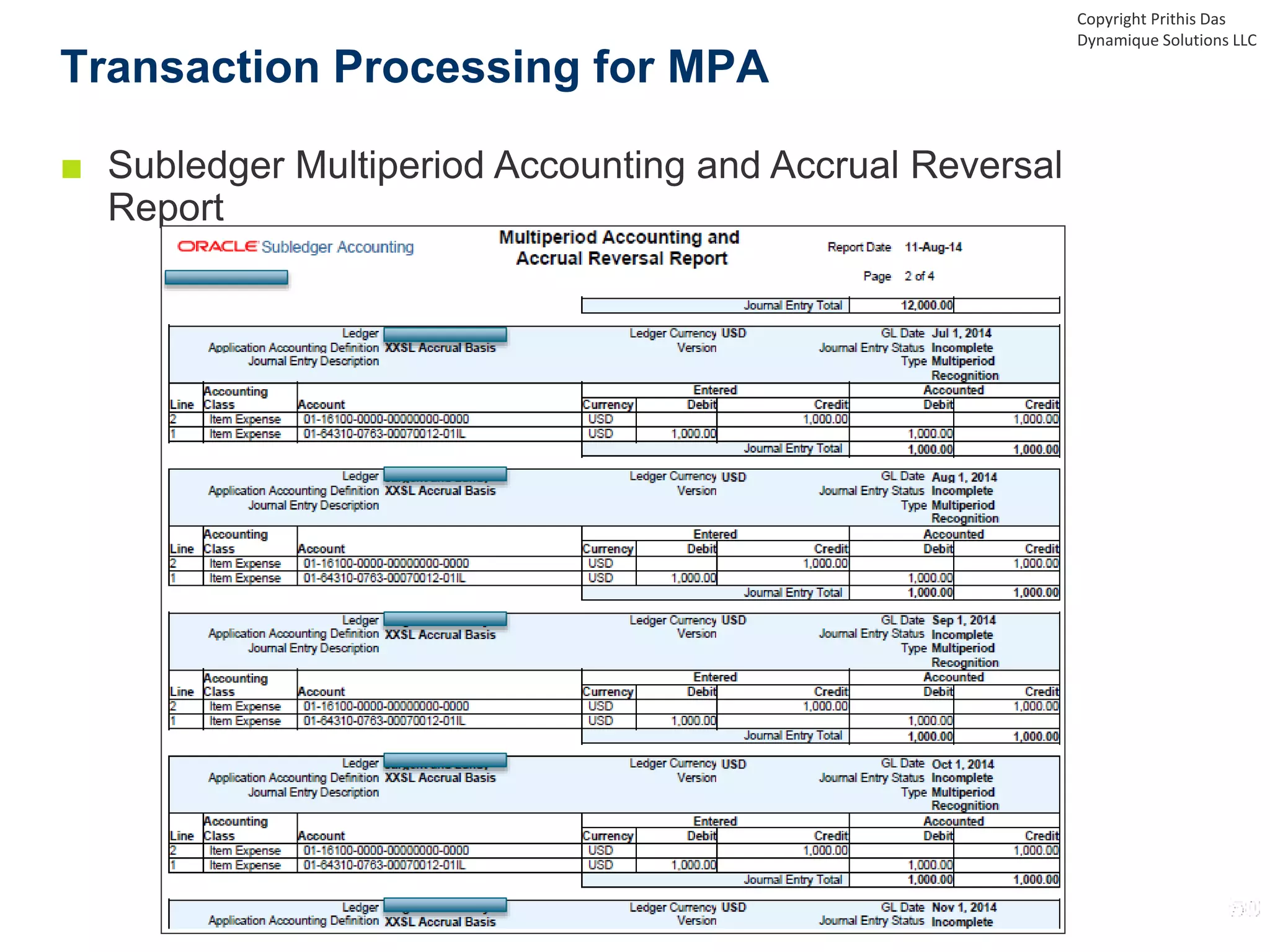 ■ Subledger Multiperiod Accounting and Accrual Reversal
Report
Transaction Processing for MPA
Copyright Prithis Das
Dynamique Solutions LLC
 