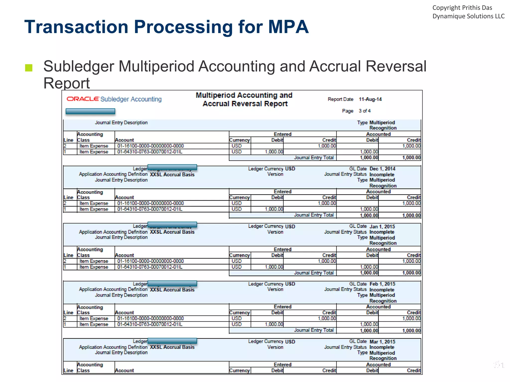 ■ Subledger Multiperiod Accounting and Accrual Reversal
Report
Transaction Processing for MPA
Copyright Prithis Das
Dynamique Solutions LLC
 