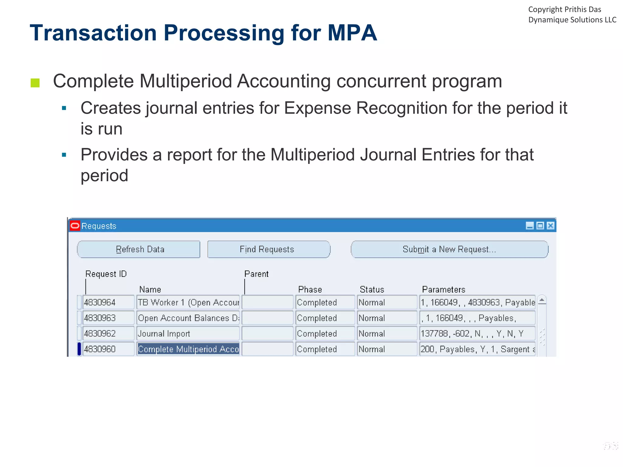 ■ Complete Multiperiod Accounting concurrent program
▪ Creates journal entries for Expense Recognition for the period it
is run
▪ Provides a report for the Multiperiod Journal Entries for that
period
Transaction Processing for MPA
Copyright Prithis Das
Dynamique Solutions LLC
 