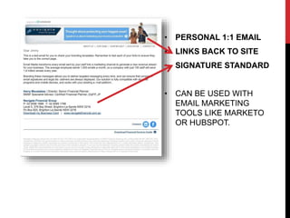 • PERSONAL 1:1 EMAIL
• LINKS BACK TO SITE
• SIGNATURE STANDARD
• CAN BE USED WITH
EMAIL MARKETING
TOOLS LIKE MARKETO
OR HUBSPOT.
Dear Jimmy
 