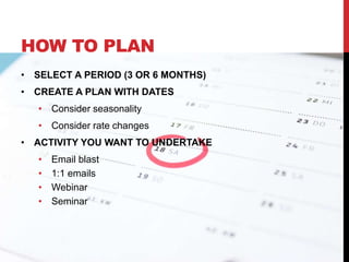 HOW TO PLAN
• SELECT A PERIOD (3 OR 6 MONTHS)
• CREATE A PLAN WITH DATES
• Consider seasonality
• Consider rate changes
• ACTIVITY YOU WANT TO UNDERTAKE
• Email blast
• 1:1 emails
• Webinar
• Seminar
 