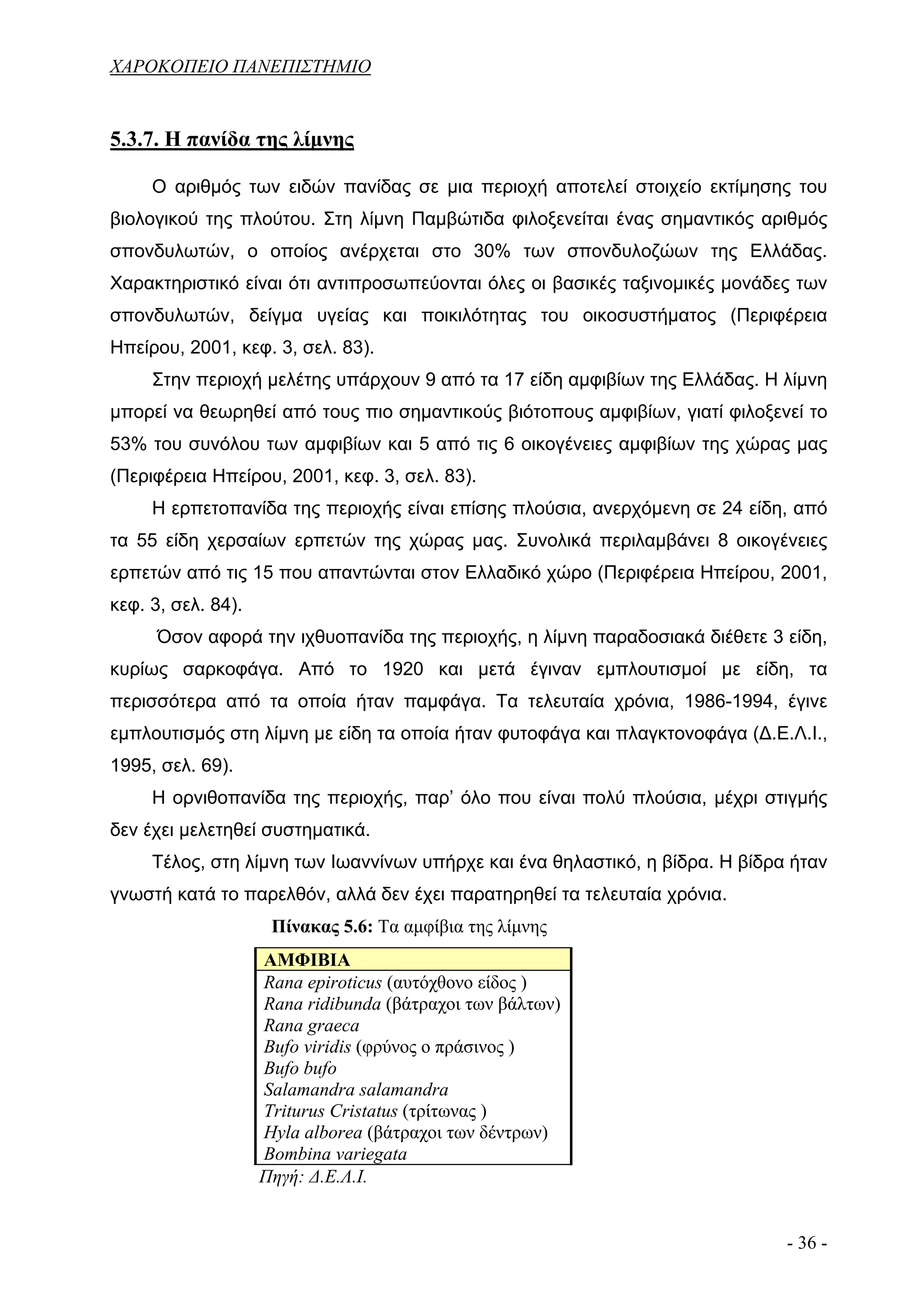 ΧΑΡΟΚΟΠΕΙΟ ΠΑΝΕΠΙΣΤΗΜΙΟ


5.3.7. Η πανίδα της λίμνης

     Ο αριθμός των ειδών πανίδας σε μια περιοχή αποτελεί στοιχείο εκτίμησης του
βιολογικού της πλούτου. Στη λίμνη Παμβώτιδα φιλοξενείται ένας σημαντικός αριθμός
σπονδυλωτών, ο οποίος ανέρχεται στο 30% των σπονδυλοζώων της Ελλάδας.
Χαρακτηριστικό είναι ότι αντιπροσωπεύονται όλες οι βασικές ταξινομικές μονάδες των
σπονδυλωτών, δείγμα υγείας και ποικιλότητας του οικοσυστήματος (Περιφέρεια
Ηπείρου, 2001, κεφ. 3, σελ. 83).
     Στην περιοχή μελέτης υπάρχουν 9 από τα 17 είδη αμφιβίων της Ελλάδας. Η λίμνη
μπορεί να θεωρηθεί από τους πιο σημαντικούς βιότοπους αμφιβίων, γιατί φιλοξενεί το
53% του συνόλου των αμφιβίων και 5 από τις 6 οικογένειες αμφιβίων της χώρας μας
(Περιφέρεια Ηπείρου, 2001, κεφ. 3, σελ. 83).
     Η ερπετοπανίδα της περιοχής είναι επίσης πλούσια, ανερχόμενη σε 24 είδη, από
τα 55 είδη χερσαίων ερπετών της χώρας μας. Συνολικά περιλαμβάνει 8 οικογένειες
ερπετών από τις 15 που απαντώνται στον Ελλαδικό χώρο (Περιφέρεια Ηπείρου, 2001,
κεφ. 3, σελ. 84).
      Όσον αφορά την ιχθυοπανίδα της περιοχής, η λίμνη παραδοσιακά διέθετε 3 είδη,
κυρίως σαρκοφάγα. Από το 1920 και μετά έγιναν εμπλουτισμοί με είδη, τα
περισσότερα από τα οποία ήταν παμφάγα. Τα τελευταία χρόνια, 1986-1994, έγινε
εμπλουτισμός στη λίμνη με είδη τα οποία ήταν φυτοφάγα και πλαγκτονοφάγα (Δ.Ε.Λ.Ι.,
1995, σελ. 69).
     Η ορνιθοπανίδα της περιοχής, παρ’ όλο που είναι πολύ πλούσια, μέχρι στιγμής
δεν έχει μελετηθεί συστηματικά.
     Τέλος, στη λίμνη των Ιωαννίνων υπήρχε και ένα θηλαστικό, η βίδρα. Η βίδρα ήταν
γνωστή κατά το παρελθόν, αλλά δεν έχει παρατηρηθεί τα τελευταία χρόνια.
                     Πίνακας 5.6: Τα αμφίβια της λίμνης
                    ΑΜΦΙΒΙΑ
                    Rana epiroticus (αυτόχθονο είδος )
                    Rana ridibunda (βάτραχοι των βάλτων)
                    Rana graeca
                    Bufo viridis (φρύνος ο πράσινος )
                    Bufo bufo
                    Salamandra salamandra
                    Triturus Cristatus (τρίτωνας )
                    Hyla alborea (βάτραχοι των δέντρων)
                    Bombina variegata
                    Πηγή: Δ.Ε.Λ.Ι.


                                                                              - 36 -
 