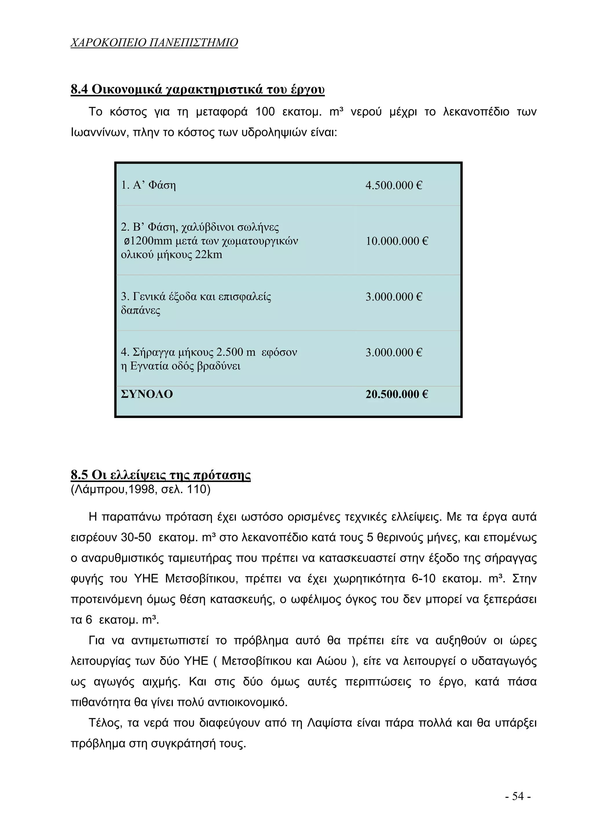 ΧΑΡΟΚΟΠΕΙΟ ΠΑΝΕΠΙΣΤΗΜΙΟ


8.4 Οικονομικά χαρακτηριστικά του έργου
   Το κόστος για τη μεταφορά 100 εκατομ. m³ νερού μέχρι το λεκανοπέδιο των
Ιωαννίνων, πλην το κόστος των υδροληψιών είναι:



         1. Α’ Φάση                                4.500.000 €


         2. Β’ Φάση, χαλύβδινοι σωλήνες
          ø1200mm μετά των χωματουργικών           10.000.000 €
         ολικού μήκους 22km


         3. Γενικά έξοδα και επισφαλείς            3.000.000 €
         δαπάνες


         4. Σήραγγα μήκους 2.500 m εφόσον          3.000.000 €
         η Εγνατία οδός βραδύνει

         ΣΥΝΟΛΟ                                    20.500.000 €




8.5 Οι ελλείψεις της πρότασης
(Λάμπρου,1998, σελ. 110)

   Η παραπάνω πρόταση έχει ωστόσο ορισμένες τεχνικές ελλείψεις. Με τα έργα αυτά
εισρέουν 30-50 εκατομ. m³ στο λεκανοπέδιο κατά τους 5 θερινούς μήνες, και επομένως
ο αναρυθμιστικός ταμιευτήρας που πρέπει να κατασκευαστεί στην έξοδο της σήραγγας
φυγής του ΥΗΕ Μετσοβίτικου, πρέπει να έχει χωρητικότητα 6-10 εκατομ. m³. Στην
προτεινόμενη όμως θέση κατασκευής, ο ωφέλιμος όγκος του δεν μπορεί να ξεπεράσει
τα 6 εκατομ. m³.
   Για να αντιμετωπιστεί το πρόβλημα αυτό θα πρέπει είτε να αυξηθούν οι ώρες
λειτουργίας των δύο ΥΗΕ ( Μετσοβίτικου και Αώου ), είτε να λειτουργεί ο υδαταγωγός
ως αγωγός αιχμής. Και στις δύο όμως αυτές περιπτώσεις το έργο, κατά πάσα
πιθανότητα θα γίνει πολύ αντιοικονομικό.
   Τέλος, τα νερά που διαφεύγουν από τη Λαψίστα είναι πάρα πολλά και θα υπάρξει
πρόβλημα στη συγκράτησή τους.



                                                                            - 54 -
 