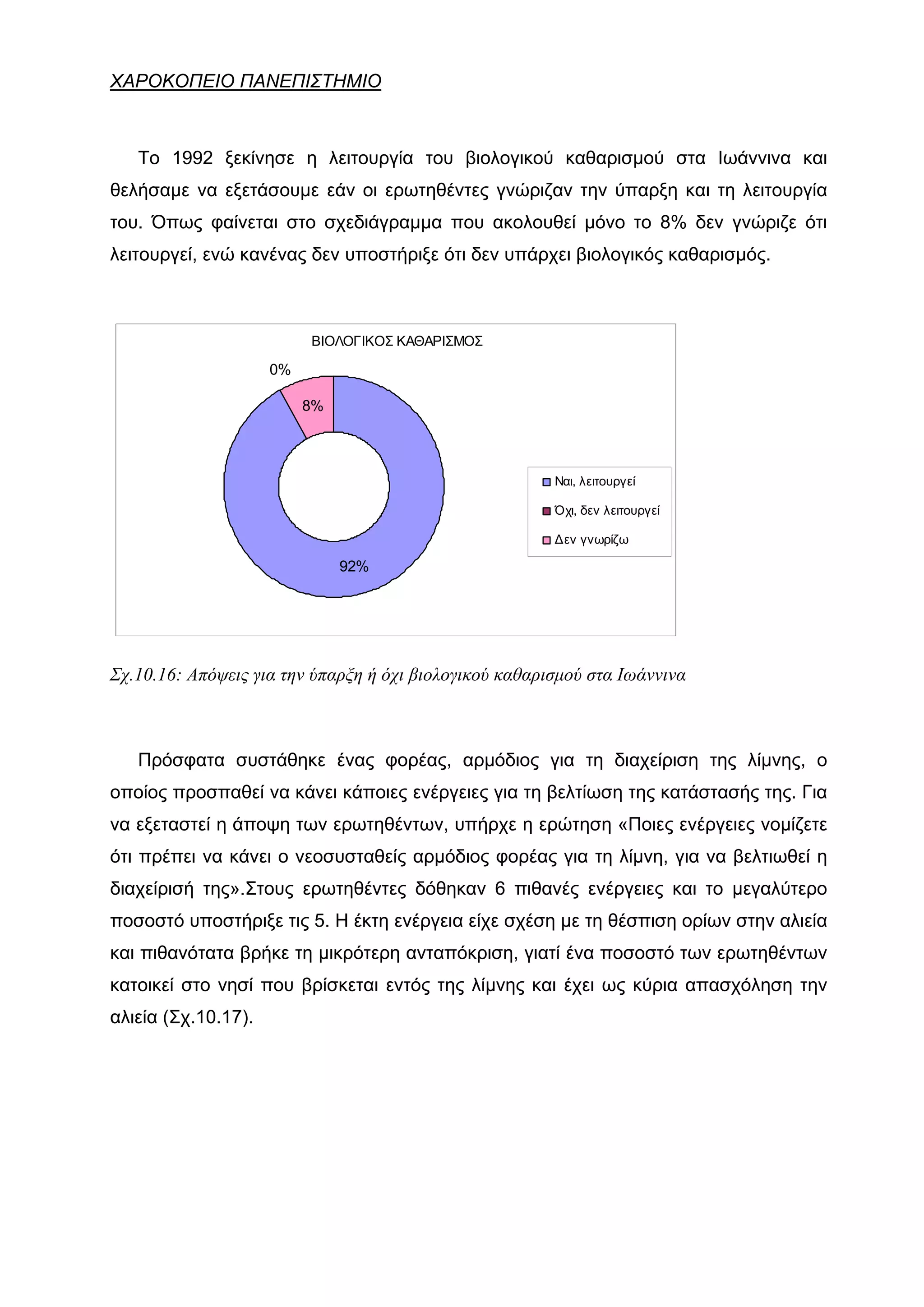 ΧΑΡΟΚΟΠΕΙΟ ΠΑΝΕΠΙΣΤΗΜΙΟ



   Το 1992 ξεκίνησε η λειτουργία του βιολογικού καθαρισμού στα Ιωάννινα και
θελήσαμε να εξετάσουμε εάν οι ερωτηθέντες γνώριζαν την ύπαρξη και τη λειτουργία
του. Όπως φαίνεται στο σχεδιάγραμμα που ακολουθεί μόνο το 8% δεν γνώριζε ότι
λειτουργεί, ενώ κανένας δεν υποστήριξε ότι δεν υπάρχει βιολογικός καθαρισμός.



                          ΒΙΟΛΟΓΙΚΟΣ ΚΑΘΑΡΙΣΜΟΣ

                     0%

                          8%



                                                        Ναι, λειτουργεί

                                                        Όχι, δεν λειτουργεί

                                                        Δεν γνωρίζω

                               92%




Σχ.10.16: Απόψεις για την ύπαρξη ή όχι βιολογικού καθαρισμού στα Ιωάννινα



   Πρόσφατα συστάθηκε ένας φορέας, αρμόδιος για τη διαχείριση της λίμνης, ο
οποίος προσπαθεί να κάνει κάποιες ενέργειες για τη βελτίωση της κατάστασής της. Για
να εξεταστεί η άποψη των ερωτηθέντων, υπήρχε η ερώτηση «Ποιες ενέργειες νομίζετε
ότι πρέπει να κάνει ο νεοσυσταθείς αρμόδιος φορέας για τη λίμνη, για να βελτιωθεί η
διαχείρισή της».Στους ερωτηθέντες δόθηκαν 6 πιθανές ενέργειες και το μεγαλύτερο
ποσοστό υποστήριξε τις 5. Η έκτη ενέργεια είχε σχέση με τη θέσπιση ορίων στην αλιεία
και πιθανότατα βρήκε τη μικρότερη ανταπόκριση, γιατί ένα ποσοστό των ερωτηθέντων
κατοικεί στο νησί που βρίσκεται εντός της λίμνης και έχει ως κύρια απασχόληση την
αλιεία (Σχ.10.17).
 