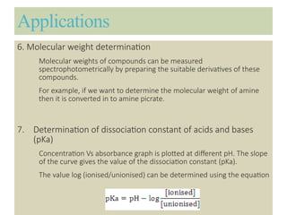 Applications
6. Molecular weight determination
Molecular weights of compounds can be measured
spectrophotometrically by preparing the suitable derivatives of these
compounds.
For example, if we want to determine the molecular weight of amine
then it is converted in to amine picrate.
7. Determination of dissociation constant of acids and bases
(pKa)
Concentration Vs absorbance graph is plotted at different pH. The slope
of the curve gives the value of the dissociation constant (pKa).
The value log (ionised/unionised) can be determined using the equation
 