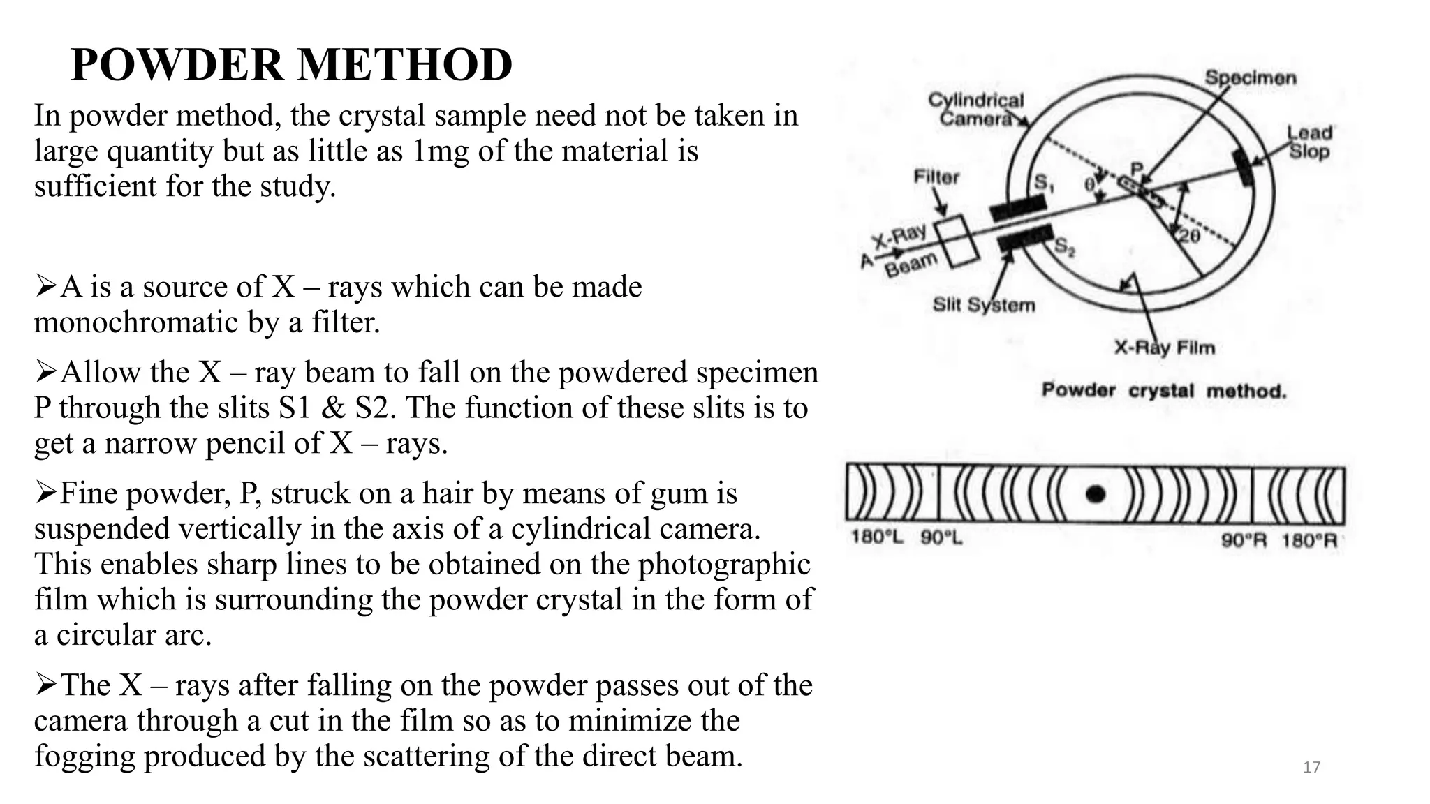 In powder method, the crystal sample need not be taken in
large quantity but as little as 1mg of the material is
sufficient for the study.
A is a source of X – rays which can be made
monochromatic by a filter.
Allow the X – ray beam to fall on the powdered specimen
P through the slits S1 & S2. The function of these slits is to
get a narrow pencil of X – rays.
Fine powder, P, struck on a hair by means of gum is
suspended vertically in the axis of a cylindrical camera.
This enables sharp lines to be obtained on the photographic
film which is surrounding the powder crystal in the form of
a circular arc.
The X – rays after falling on the powder passes out of the
camera through a cut in the film so as to minimize the
fogging produced by the scattering of the direct beam. 17
POWDER METHOD
 