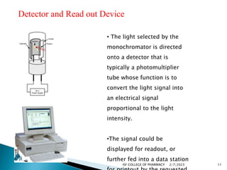 Detector and Read out Device
• The light selected by the
monochromator is directed
onto a detector that is
typically a pho...