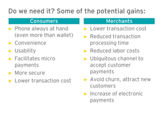 Do we need it? Some of the potential gains:
           Consumers                    Merchants
►   Phone always at hand      ►   Lower transaction cost
    (even more than wallet)   ►   Reduced transaction
►   Convenience                   processing time
►   Usability                 ►   Reduced labor costs
►   Facilitates micro         ►   Ubiquitous channel to
    payments                      accept customer
►   More secure                   payments
►   Lower transaction cost    ►   Avoid churn, attract new
                                  customers
                              ►   Increase of electronic
                                  payments
 
