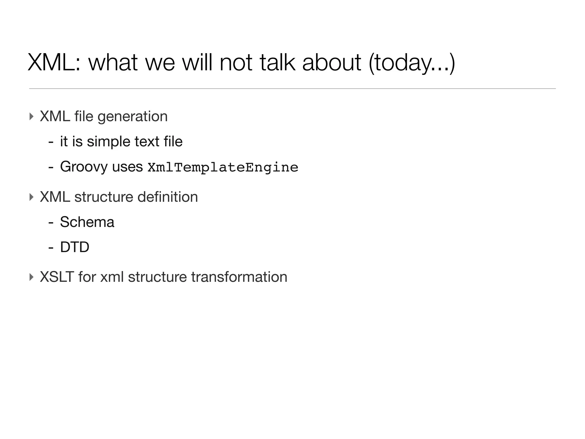 XML: child elements or attributes?



‣ So, when to use attributes instead of elements?
  - Attributes could be avoided and only child elements used. Usually, the
    main part of the node information should be stored in sub chidren.
    However attributes can have a natural use:
  - for short information,
  - for information that should be read at the element level (before diving
    into its children nodes)
 