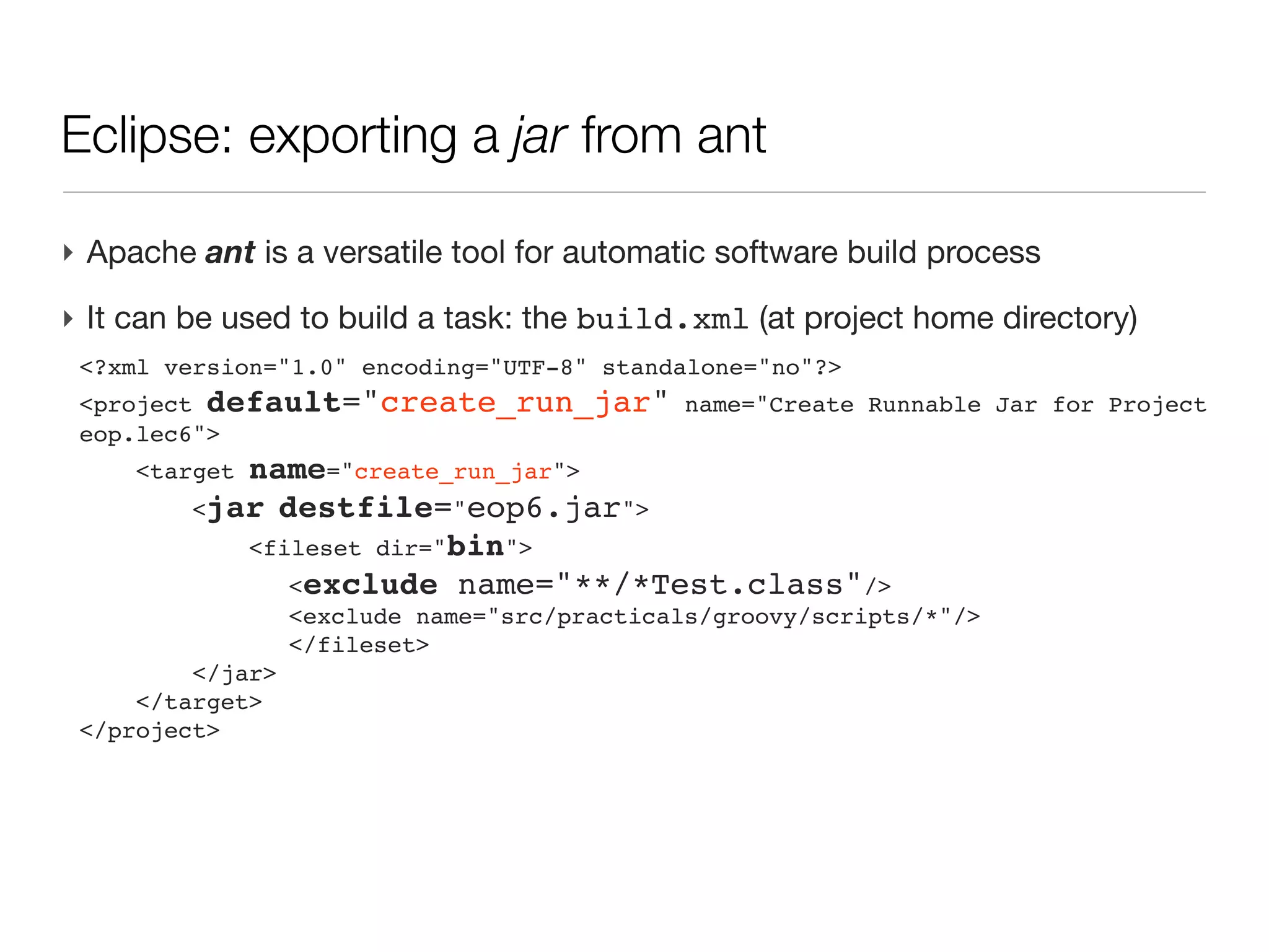 Parsing command line arguments                      (cont’d)

‣ groovy myscript.groovy --help
usage: myscript.groovy [options]
 -h,--help               usage information
 -i,--int-value <int>    some integer value
 -n,--name <user name>   some user to salute
‣ groovy myscript.groovy   --name=alice   --int-value=234
Hello alice (234)
 