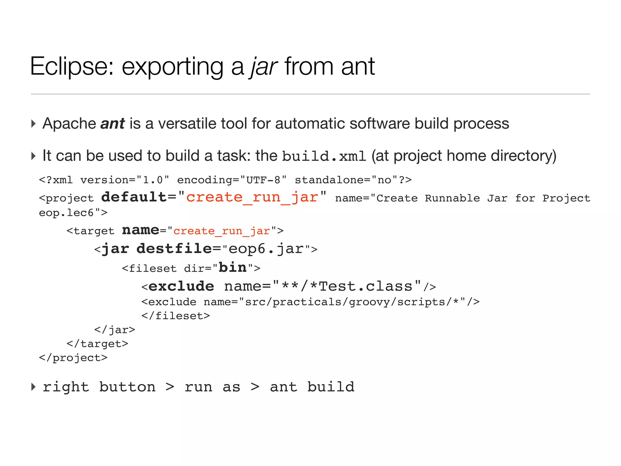 Parsing command line arguments                                 (cont’d)

‣ groovy myscript.groovy --help
 usage: myscript.groovy [options]
  -h,--help               usage information
  -i,--int-value <int>    some integer value
  -n,--name <user name>   some user to salute
‣ groovy myscript.groovy        --name=alice      --int-value=234
 Hello alice (234)
‣ More doc on http://groovy.codehaus.org/gapi/groovy/util/CliBuilder.html
 