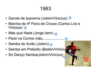 1963 Garota de Ipanema (Jobim/Vinicius) Marcha da 4ª Feira de Cinzas (Carlos Lira e Vinicius) Mas que Nada (Jorge bem) Parei na Contra mão..................... Samba do Avião (Jobim) Samba em Prelúdio (Baden/Vinicius) Só Danço Samba(Jobim/Vinicius) 