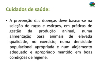 Cuidados de saúde:
• A prevenção das doenças deve basear-se na
seleção de raças e estirpes, em práticas de
gestão da produção animal, numa
alimentação para animais de elevada
qualidade, no exercício, numa densidade
populacional apropriada e num alojamento
adequado e apropriado mantido em boas
condições de higiene.
 