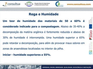Rega e Humidade
Um teor de humidade dos materiais de 50 a 60% é
considerado indicado para a compostagem. Abaixo de 35-40% a
decomposição da matéria orgânica é fortemente reduzida e abaixo de
30% de humidade é interrompida. Uma humidade superior a 65%
pode retardar a decomposição, para além de provocar maus odores em
zonas de anaerobiose localizadas no interior da pilha.
iniciar - humidade superiores a 55%.
 
