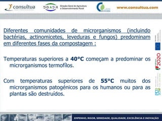 Diferentes comunidades de microrganismos (incluindo
bactérias, actinomicetes, leveduras e fungos) predominam
em diferentes fases da compostagem :
Temperaturas superiores a 40°C começam a predominar os
microrganismos termofílos.
Com temperaturas superiores de 55°C muitos dos
microrganismos patogénicos para os humanos ou para as
plantas são destruídos.
 