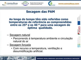 Secagem das PAM
Ao longo do tempo têm sido referidas como
temperaturas de referência as compreendidas
entre os 25º e os 40 º para uma secagem de
óptima qualidade.
– Secagem natural
• Percorrendo à temperatura ambiente e circulação
natural do ar
– Secagem forçada
• Com recurso a temperatura, ventilação e
desumidificação artificial.
 