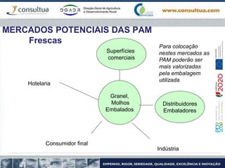MERCADOS POTENCIAIS DAS PAM
Frescas
Granel,
Molhos
Embalados
Superfícies
comerciais
Distribuidores
Embaladores
Indústria
Consumidor final
Hotelaria
Para colocação
nestes mercados as
PAM poderão ser
mais valorizadas
pela embalagem
utilizada
 