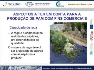 ASPECTOS A TER EM CONTA PARA A
PRODUÇÃO DE PAM COM FINS COMERCIAIS
Capacidade de rega
– A rega é fundamental na
maioria das espécies,
ara obter colheitas de
qualidade.
O sistema de rega deverá
ser projectado de acordo
com as espécies a
produzir.
 