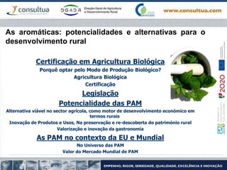 As aromáticas: potencialidades e alternativas para o
desenvolvimento rural
Certificação em Agricultura Biológica
Porquê optar pelo Modo de Produção Biológico?
Agricultura Biológica
Certificação
Legislação
Potencialidade das PAM
Alternativa viável no sector agrícola, como motor de desenvolvimento económico em
termos rurais
Inovação de Produtos e Usos, Na preservação e re-descoberta do património rural
Valorização e inovação da gastronomia
As PAM no contexto da EU e Mundial
No Universo das PAM
Valor do Mercado Mundial de PAM
 