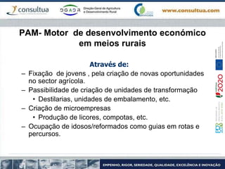PAM- Motor de desenvolvimento económico
em meios rurais
Através de:
– Fixação de jovens , pela criação de novas oportunidades
no sector agrícola.
– Passibilidade de criação de unidades de transformação
• Destilarias, unidades de embalamento, etc.
– Criação de microempresas
• Produção de licores, compotas, etc.
– Ocupação de idosos/reformados como guias em rotas e
percursos.
 