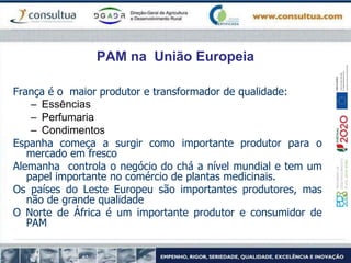 PAM na União Europeia
França é o maior produtor e transformador de qualidade:
– Essências
– Perfumaria
– Condimentos
Espanha começa a surgir como importante produtor para o
mercado em fresco
Alemanha controla o negócio do chá a nível mundial e tem um
papel importante no comércio de plantas medicinais.
Os países do Leste Europeu são importantes produtores, mas
não de grande qualidade
O Norte de África é um importante produtor e consumidor de
PAM
 
