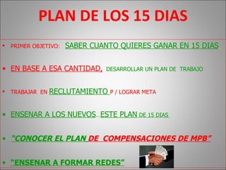 PLAN DE LOS 15 DIAS PRIMER OBJETIVO:   SABER CUANTO QUIERES GANAR EN 15 DIAS   EN BASE A ESA CANTIDAD,   DESARROLLAR UN PLAN DE  TRABAJO TRABAJAR  EN   RECLUTAMIENTO  P / LOGRAR META ENSENAR A LOS NUEVOS … ESTE PLAN  DE 15 DIAS  “ CONOCER EL PLAN   DE  COMPENSACIONES DE MPB” “ ENSENAR A FORMAR REDES” 