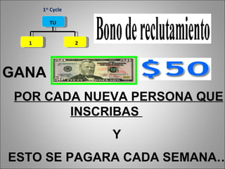 1 st  Cycle TU 1 2 GANA $ 50 DLLS…   POR CADA NUEVA PERSONA QUE INSCRIBAS  Y  ESTO SE PAGARA CADA SEMANA… 