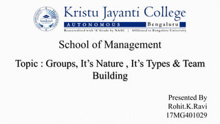 School of Management
Topic : Groups, It’s Nature , It’s Types & Team
Building
Presented By
Rohit.K.Ravi
17MG401029
 