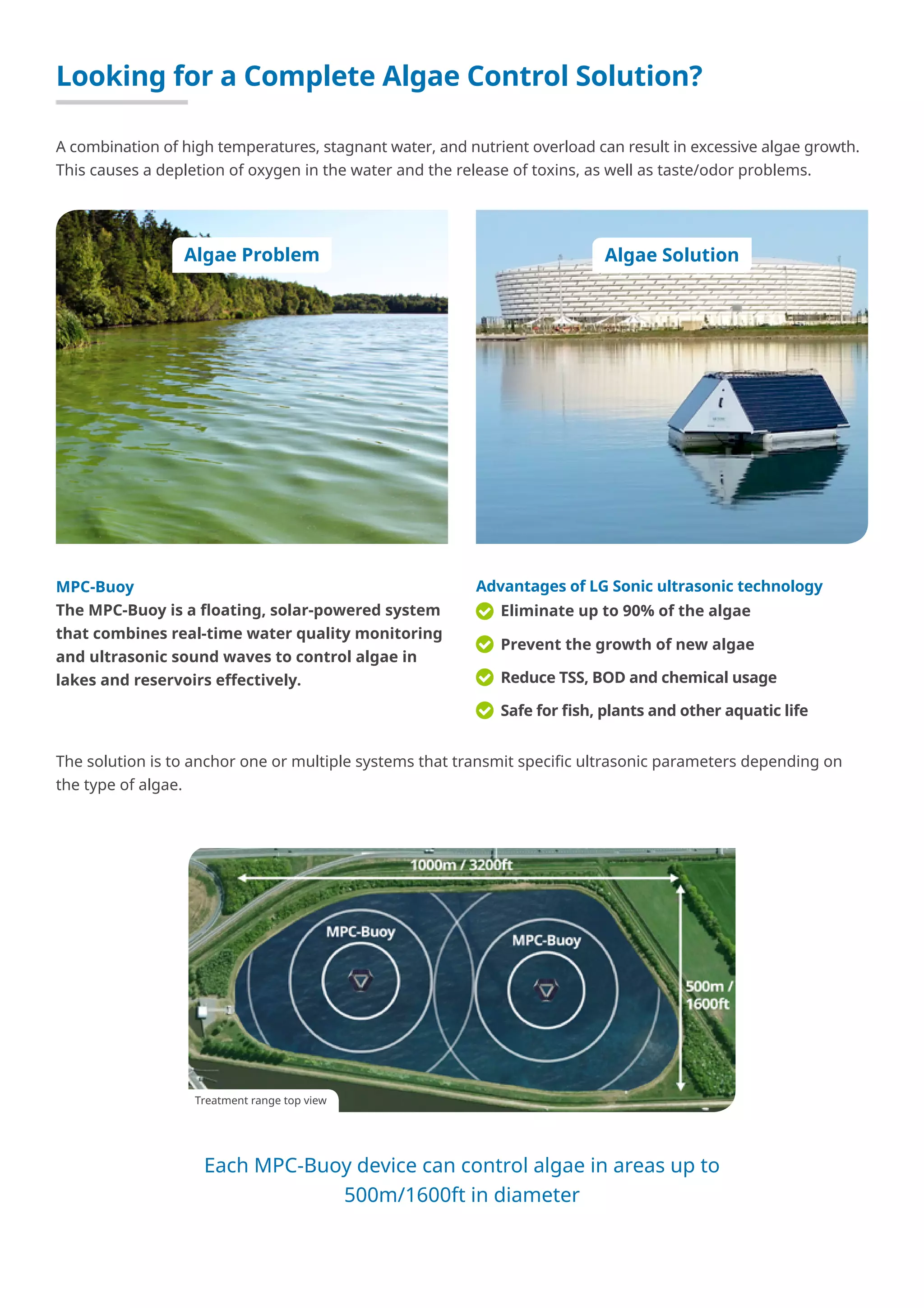 Looking for a Complete Algae Control Solution?
MPC-Buoy
The MPC-Buoy is a floating, solar-powered system
that combines real-time water quality monitoring
and ultrasonic sound waves to control algae in
lakes and reservoirs effectively.
Eliminate up to 90% of the algae
Prevent the growth of new algae
Reduce TSS, BOD and chemical usage
Safe for fish, plants and other aquatic life
Advantages of LG Sonic ultrasonic technology
Each MPC-Buoy device can control algae in areas up to
500m/1600ft in diameter
The solution is to anchor one or multiple systems that transmit specific ultrasonic parameters depending on
the type of algae.
Treatment range top view
Algae Problem Algae Solution
A combination of high temperatures, stagnant water, and nutrient overload can result in excessive algae growth.
This causes a depletion of oxygen in the water and the release of toxins, as well as taste/odor problems.
 