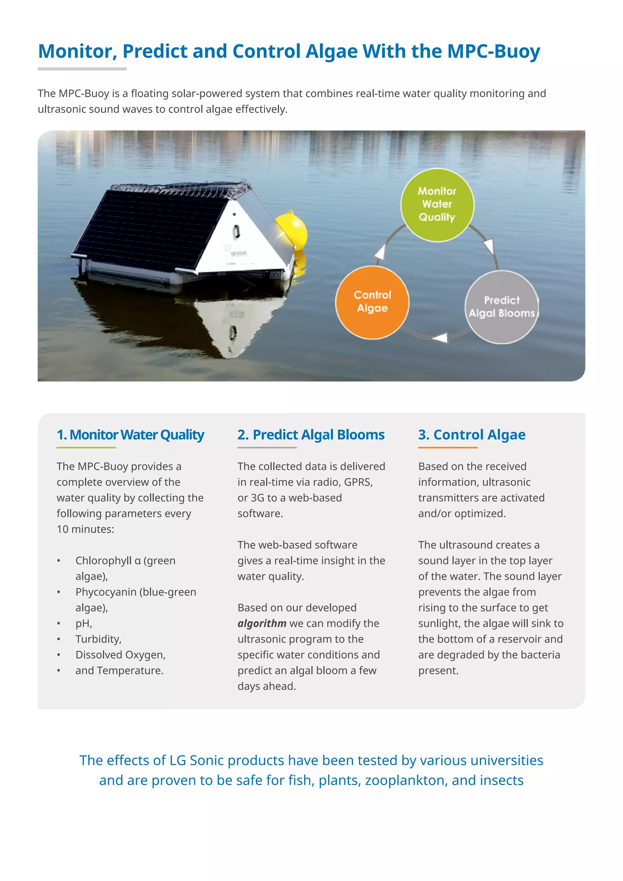 Monitor, Predict and Control Algae With the MPC-Buoy
The MPC-Buoy is a floating solar-powered system that combines real-time water quality monitoring and
ultrasonic sound waves to control algae effectively.
1.MonitorWaterQuality
The MPC-Buoy provides a
complete overview of the
water quality by collecting the
following parameters every
10 minutes:
•	 Chlorophyll α (green
algae),
•	 Phycocyanin (blue-green
algae),
•	 pH,
•	 Turbidity,
•	 Dissolved Oxygen,
•	 and Temperature.
2. Predict Algal Blooms
The collected data is delivered
in real-time via radio, GPRS,
or 3G to a web-based
software.
The web-based software
gives a real-time insight in the
water quality.
Based on our developed
algorithm we can modify the
ultrasonic program to the
specific water conditions and
predict an algal bloom a few
days ahead.
3. Control Algae
Based on the received
information, ultrasonic
transmitters are activated
and/or optimized.
The ultrasound creates a
sound layer in the top layer
of the water. The sound layer
prevents the algae from
rising to the surface to get
sunlight, the algae will sink to
the bottom of a reservoir and
are degraded by the bacteria
present.
The effects of LG Sonic products have been tested by various universities
and are proven to be safe for fish, plants, zooplankton, and insects
 