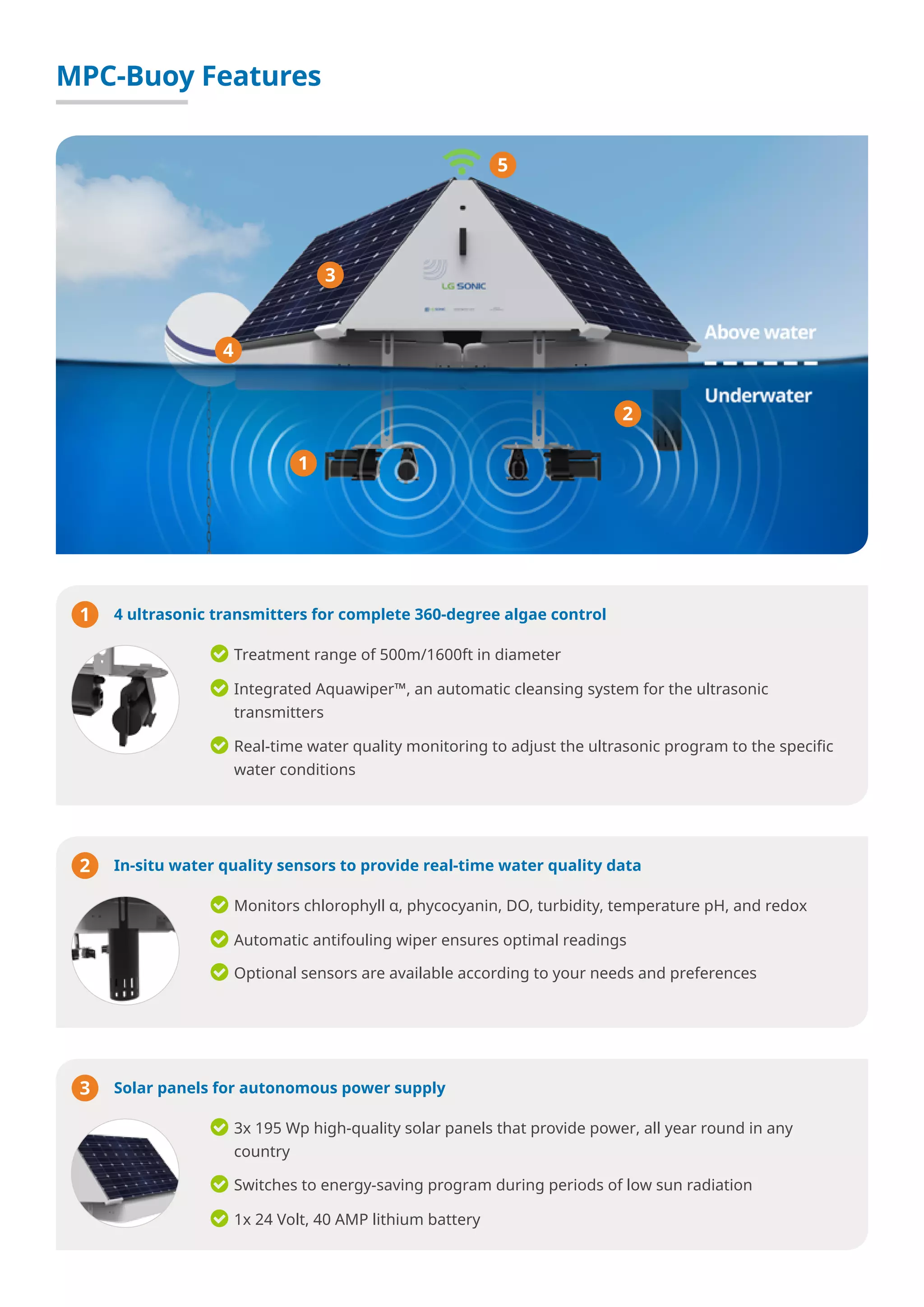 MPC-Buoy Features
1
1 4 ultrasonic transmitters for complete 360-degree algae control
Treatment range of 500m/1600ft in diameter
Integrated Aquawiper™, an automatic cleansing system for the ultrasonic
transmitters
Real-time water quality monitoring to adjust the ultrasonic program to the specific
water conditions
2
3
4
5
2 In-situ water quality sensors to provide real-time water quality data
Monitors chlorophyll α, phycocyanin, DO, turbidity, temperature pH, and redox
Automatic antifouling wiper ensures optimal readings
Optional sensors are available according to your needs and preferences
3 Solar panels for autonomous power supply
3x 195 Wp high-quality solar panels that provide power, all year round in any
country
Switches to energy-saving program during periods of low sun radiation
1x 24 Volt, 40 AMP lithium battery
 