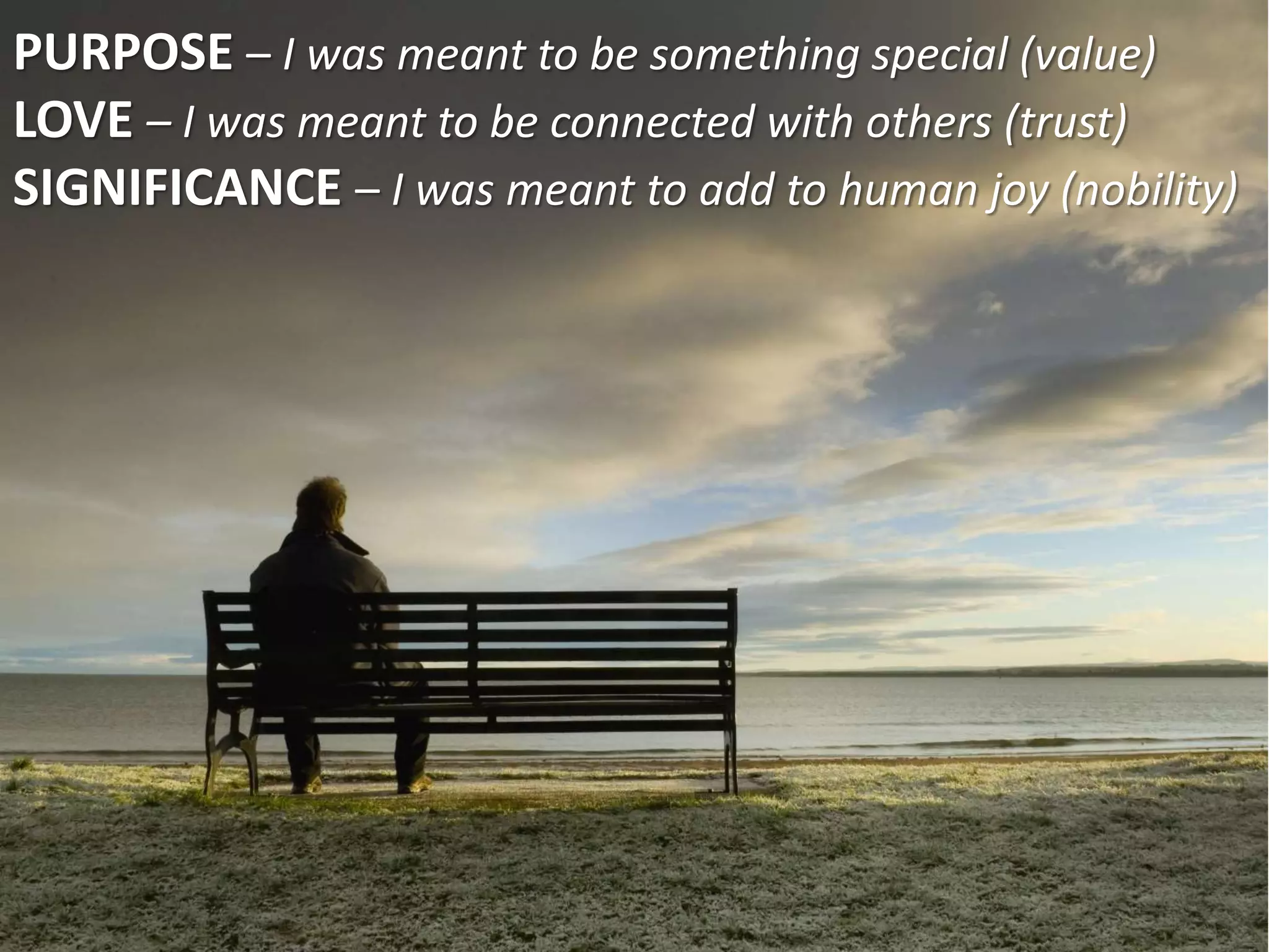 PURPOSE – I was meant to be something special (value)
LOVE – I was meant to be connected with others (trust)
SIGNIFICANCE – I was meant to add to human joy (nobility)
 