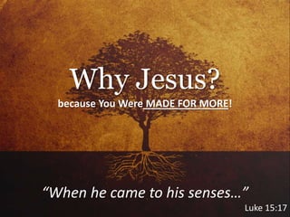 because You Were MADE FOR MORE!
“When he came to his senses…”
Luke 15:17
Why Jesus?
 