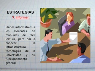 OBJETIVOSGENERAL:SATISFACER  LA CRECIENTE DEMANDA DE LOS CURSOS DE POSTGRADOS, DE LAS REGIONES MAS ALEJADAS DE LA MATRIZESPECÍFICOS. Implementar una infraestructura tecnológica adecuada que permita capacitar a distancia.. Dotar a cada Docente de computadoras personales e internet para motivarlos en la constante preparación. . Capacitar a los Docentes en el manejo de herramientas tecnológicas virtuales. . Implementar un servicio de mantenimiento que mantenga en óptimas condiciones a las plataformas y conexión en red de los núcleos.