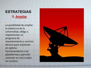 ESTRATEGIAS2. CapacitarLa cantidad de computadoras permite capacitar a los profesores de manera virtual en diferentes regiones, donde se necesita cubrir la demanda de nuevos cursos de postgrado.