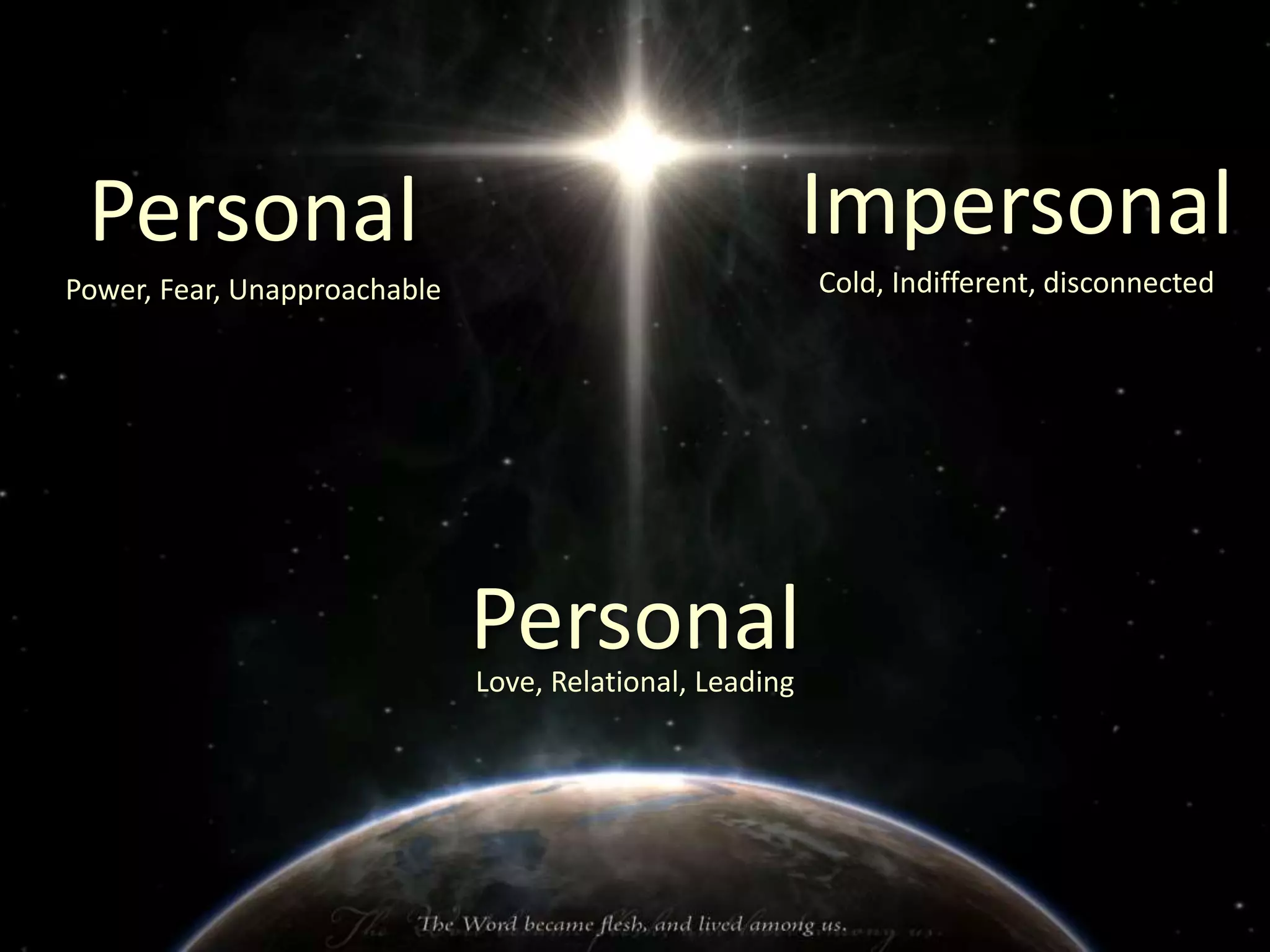 Personal
Power, Fear, Unapproachable
Impersonal
Cold, Indifferent, disconnected
PersonalLove, Relational, Leading