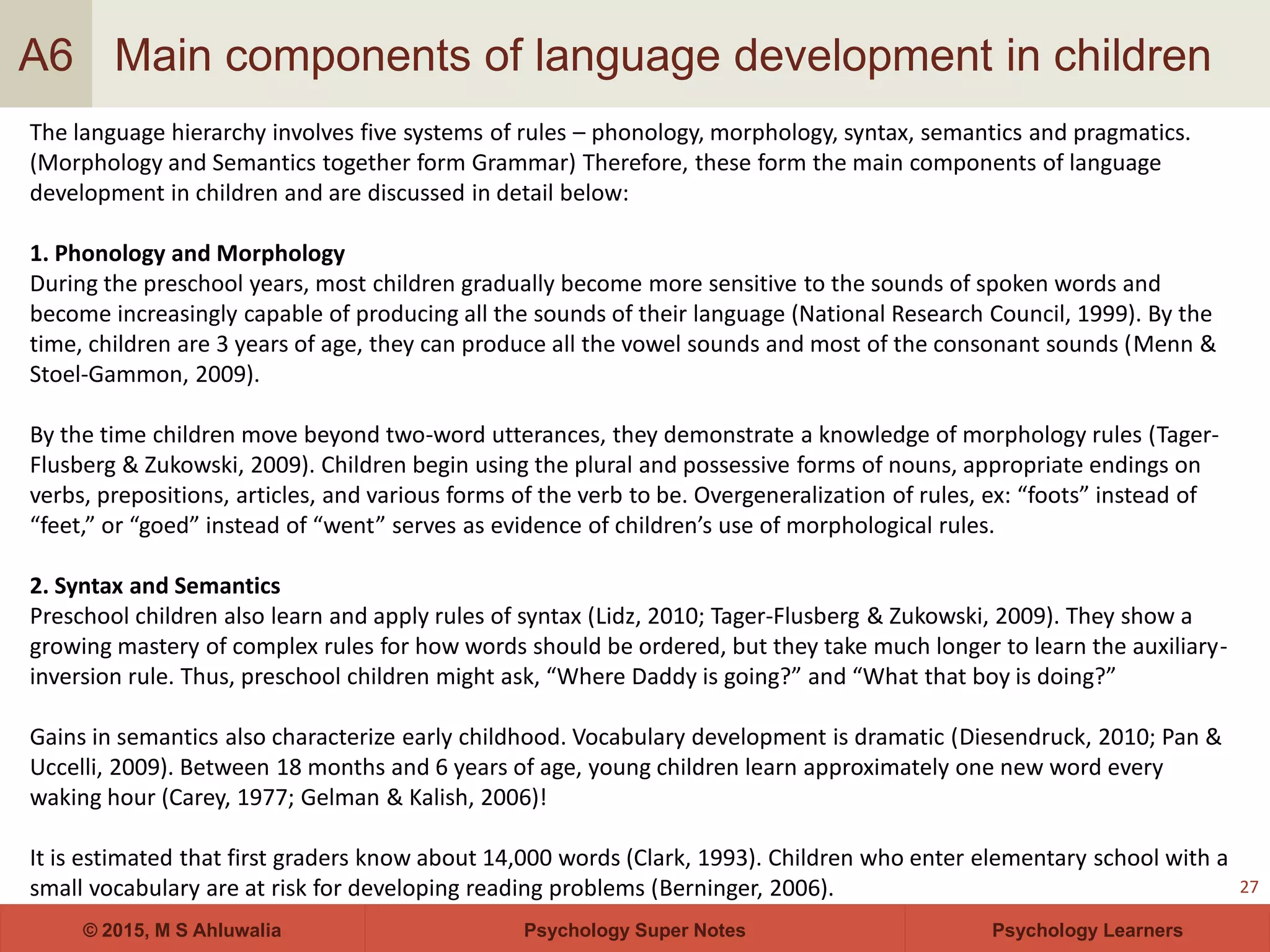 Psychology Super Notes© 2015, M S Ahluwalia Psychology Learners
Main components of language development in children
27
A6
The language hierarchy involves five systems of rules – phonology, morphology, syntax, semantics and pragmatics.
(Morphology and Semantics together form Grammar) Therefore, these form the main components of language
development in children and are discussed in detail below:
1. Phonology and Morphology
During the preschool years, most children gradually become more sensitive to the sounds of spoken words and
become increasingly capable of producing all the sounds of their language (National Research Council, 1999). By the
time, children are 3 years of age, they can produce all the vowel sounds and most of the consonant sounds (Menn &
Stoel-Gammon, 2009).
By the time children move beyond two-word utterances, they demonstrate a knowledge of morphology rules (Tager-
Flusberg & Zukowski, 2009). Children begin using the plural and possessive forms of nouns, appropriate endings on
verbs, prepositions, articles, and various forms of the verb to be. Overgeneralization of rules, ex: “foots” instead of
“feet,” or “goed” instead of “went” serves as evidence of children’s use of morphological rules.
2. Syntax and Semantics
Preschool children also learn and apply rules of syntax (Lidz, 2010; Tager-Flusberg & Zukowski, 2009). They show a
growing mastery of complex rules for how words should be ordered, but they take much longer to learn the auxiliary-
inversion rule. Thus, preschool children might ask, “Where Daddy is going?” and “What that boy is doing?”
Gains in semantics also characterize early childhood. Vocabulary development is dramatic (Diesendruck, 2010; Pan &
Uccelli, 2009). Between 18 months and 6 years of age, young children learn approximately one new word every
waking hour (Carey, 1977; Gelman & Kalish, 2006)!
It is estimated that first graders know about 14,000 words (Clark, 1993). Children who enter elementary school with a
small vocabulary are at risk for developing reading problems (Berninger, 2006).
 