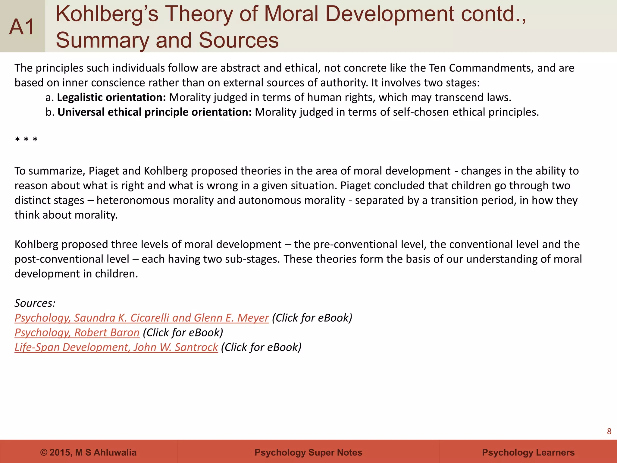 Psychology Super Notes© 2015, M S Ahluwalia Psychology Learners
Kohlberg’s Theory of Moral Development contd.,
Summary and Sources
8
A1
The principles such individuals follow are abstract and ethical, not concrete like the Ten Commandments, and are
based on inner conscience rather than on external sources of authority. It involves two stages:
a. Legalistic orientation: Morality judged in terms of human rights, which may transcend laws.
b. Universal ethical principle orientation: Morality judged in terms of self-chosen ethical principles.
* * *
To summarize, Piaget and Kohlberg proposed theories in the area of moral development - changes in the ability to
reason about what is right and what is wrong in a given situation. Piaget concluded that children go through two
distinct stages – heteronomous morality and autonomous morality - separated by a transition period, in how they
think about morality.
Kohlberg proposed three levels of moral development – the pre-conventional level, the conventional level and the
post-conventional level – each having two sub-stages. These theories form the basis of our understanding of moral
development in children.
Sources:
Psychology, Saundra K. Cicarelli and Glenn E. Meyer (Click for eBook)
Psychology, Robert Baron (Click for eBook)
Life-Span Development, John W. Santrock (Click for eBook)
 