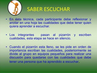 SABER ESCUCHAR
• En ésta técnica, cada participante debe reflexionar y
anotar en una hoja las cualidades que debe tener quien
quiera aprender a escuchar.
• Los integrantes pasan al pizarrón y escriben
cualidades, esta etapa se hace en silencio.
• Cuando el pizarrón esta lleno, se les pide en orden de
importancia escriban las cualidades, posteriormente se
divide al grupo en equipos pequeños para realizar una
discusión para quedarse con las cualidades que debe
tener una persona que ha aprendido a escuchar.
 