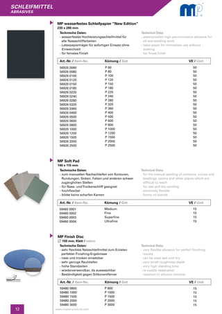 SCHLEIFMITTEL
abrasives
12 www.master-products.com
Technische Daten:
- wasserfestes Hochleistungsschleifmittel für
alle Nassschliffarbeiten
- Latexpapierträger für sofortigen Einsatz ohne 	
	Einweichzeit
- für feinstes Finish
MP wasserfestes Schleifpapier “New Edition”
230 x 280 mm
Technical Data:
- waterproofed high-permormance abrasive for
all wet-sanding work
- latex-paper for immediate use without
soaking
- for finest finish
56926 0060
56926 0080
56926 0100
56926 0120
56926 0150
56926 0180
56926 0220
56926 0240
56926 0280
56926 0320
56926 0360
56926 0400
56926 0500
56926 0600
56926 0800
56926 1000
56926 1200
56926 1500
56926 2000
56926 2500
P 60
P 80
P 100
P 120
P 150
P 180
P 220
P 240
P 280
P 320
P 360
P 400
P 500
P 600
P 800
P 1000
P 1200
P 1500
P 2000
P 2500
50
50
50
50
50
50
50
50
50
50
50
50
50
50
50
50
50
50
50
50
Art.-Nr. / Item-No.		Körnung / Grit	 		 VE / Unit
Art.-Nr. / Item-No.		Körnung / Grit	 		 VE / Unit
Technische Daten:
- sehr flexibles Netzschleifmittel zum Erzielen
perfekter Finishing-Ergebnisse
- nass und trocken einsetzbar
- sehr geringe Rauhtiefen
- hohe Standzeiten
- wiederverwendbar, da auswaschbar
- Beständigkeit gegen Silikonentferner
MP Finish Disc
150 mm, Klett / velcro
Technical Data:
- very flexible abrasive for perfect finishing
results
- can be used wet und dry
- very small roughness depth
- very high standing time
- re-usable (washable)
- resistant to silicone remover
59480 0800
59480 1000
59480 1500
59480 2000
59480 3000
P 800
P 1000
P 1500
P 2000
P 3000
15
15
15
15
15
Technische Daten:
- zum manuellen Nachschleifen von Konturen,
Rundungen, Sicken, Falzen und anderen schwer 	
zugänglichen Stellen
- für Nass- undTrockenschliff geeignet
- hochflexibel
- bildet keine scharfen Kanten
MP Soft Pad
140 x 115 mm
Technical Data:
- for the manual sanding of contours, curves and
beadings, seams and other places which are 	
difficult to reach
- for wet and dry sanding
- extremely flexible
- forms no piends
59460 0001
59460 0002
59460 0003
59460 0004
Medium
Fine
Superfine
Ultrafine
15
15
15
15
Art.-Nr. / Item-No.		Körnung / Grit	 		 VE / Unit
 