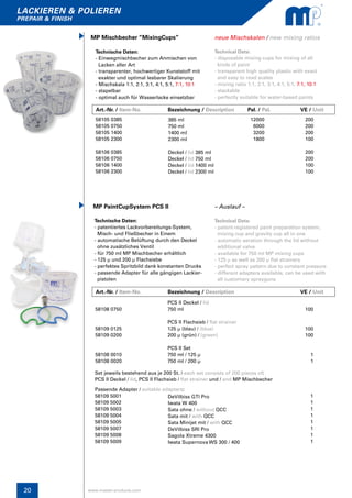 20
lackieren & polieren
prepair & finish
www.master-products.com
Technische Daten:
- patentiertes Lackvorbereitungs-System, 	 	
Misch- und Fließbecher in Einem
- automatische Belüftung durch den Deckel
ohne zusätzliches Ventil
- für 750 ml MP Mischbecher erhältlich
- 125 µ und 200 µ Flachsiebe
- perfektes Spritzbild dank konstanten Drucks
- passende Adapter für alle gängigen Lackier-
pistolen
MP PaintCupSystem PCS II
Technical Data:
- patent-registered paint preparation system,
mixing cup and gravity cup all in one
- automatic aeration through the lid without
additional valve
- available for 750 ml MP mixing cups
- 125 µ as well as 200 µ flat strainers
- perfect spray pattern due to constant pressure
- different adapters available, can be used with
all customary sprayguns
58108 0750
58109 0125
58109 0200
58108 0010
58108 0020
PCS II Deckel / lid
750 ml
PCS II Flachsieb / flat strainer
125 µ (blau) / (blue)
200 µ (grün) / (green)
PCS II Set
750 ml / 125 µ
750 ml / 200 µ
100
100
100
1
1
MP Mischbecher “MixingCups”
Technische Daten:
- Einwegmischbecher zum Anmischen von
Lacken aller Art
- transparenter, hochwertiger Kunststoff mit
exakter und optimal lesbarer Skalierung
- Mischskala 1:1, 2:1, 3:1, 4:1, 5:1, 7:1, 10:1
- stapelbar
- optimal auch für Wasserlacke einsetzbar
Technical Data:
- disposable mixing cups for mixing of all
kinds of paint
- transparent high quality plastic with exact
and easy to read scales
- mixing ratio 1:1, 2:1, 3:1, 4:1, 5:1, 7:1, 10:1
- stackable
- perfectly suitable for water-based paints
58105 0385
58105 0750
58105 1400
58105 2300
58106 0385
58106 0750
58106 1400
58106 2300
385 ml
750 ml
1400 ml
2300 ml
Deckel / lid 385 ml
Deckel / lid 750 ml
Deckel / lid 1400 ml
Deckel / lid 2300 ml
200
200
200
100
200
200
100
100
12000
6000
3200
1800
Set jeweils bestehend aus je 200 St. / each set consists of 200 pieces of:
PCS II Deckel / lid, PCS II Flachsieb / flat strainer und / and MP Mischbecher
Passende Adapter / suitable adapters:
58109 5001
58109 5002
58109 5003
58109 5004
58109 5005
58109 5007
58109 5008
58109 5009
DeVilbiss GTI Pro
Iwata W 400
Sata ohne / without QCC
Sata mit / with QCC
Sata Minijet mit / with QCC
DeVilbiss SRI Pro
Sagola Xtreme 4300
Iwata Supernova WS 300 / 400
Art.-Nr. / Item-No.		 Bezeichnung / Description	 Pal. / Pal. 	 	 VE / Unit
Art.-Nr. / Item-No.		 Bezeichnung / Description	 		 VE / Unit
neue Mischskalen / new mixing ratios
– Auslauf –
1
1
1
1
1
1
1
1
 