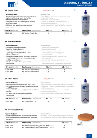 23
lackieren & polieren
prepair & finish
www.master-products.com
Technische Daten:
- Schleifpolitur mit schneller Schliffentfernung
- optimierte Bindung, leicht abwischbar
- kein Verkleben auf der Oberfläche
- geeignet für alle Lackarten (speziell auch für
kratzfeste Lacke)
- für Hand- und Maschinenpolierarbeiten
verwendbar
Technische Daten:
- Polieren in einem Arbeitsgang
(auch bei dunklen Lacken)
- silikonfrei, Aluminiumoxyd
- optimal geeignet für kratzfeste Lacke
(Nano-Decklacke)
- hologrammfreies Polieren nach dem Feinschliff
- müheloses Entfernen von Spritzübergängen
und Spritznebelspuren
- für Hand- und Maschinenpolierarbeiten
verwendbar
Technische Daten:
- Hochglanzpolitur für den Schliff von P3000
- garantiert brillanterTiefglanz ohne Hologramme
und Mikrokratzer
- geeignet für alle Lackarten (speziell für kratzfeste
Lacke)
- für Hand- und Maschinenpolierarbeiten
verwendbar
MP Cutting Polish
MP ONE-STEP Polish
MP Finish Polish
Technical Data:
- cutting polish with very fast scratch removal
- improved binding
- no sticking to the surface
- suitable for all kind of paints (especially for
scratch-resistant paints)
- usable for polishing work by hand or machine
Technical Data:
- polishing in one operation
(also with dark paints)
- silicone-free, aluminium oxide
- suitable for scratch resistant paints
(nano topcoats)
- hologram-free polishing after the final
sanding process
- easy removal of spraying transitions and
traces of spray dust
- usable for polishing work by hand or machine
Technical Data:
- high-gloss polish for removal of P3000 scratches
- guarantees a brillant deep shine without holograms
and micro scratches
- suitable for all kind of paints (especially for
scratch-resistant paints)
- usable for polishing work by hand or machine
57120 5001
57120 0001
57120 0002
57120 6001
MP Cutting Polish 1 kg
MP ONE-STEP Polish 1 ltr.
MP ONE-STEP Polish 5 ltr.
MP Finish Polish 1 ltr.
1
1
1
1
6
6
2
6
Technische Daten:
- universell einsetzbarer 25 mm Polierschwamm
zum Polieren von Staubeinschlüssen nach dem
Feinschliff
MP Polierschwamm Uni
Technical Data:
- universal 25 mm polishing sponge for polishing
of trapped dust insertions after the final sanding
57104 4405
57104 4415
MP Polierschwamm Uni 150 mm, Klett / velcro
MP Polierschwamm Uni 79 mm, Klett / velcro
1
10
Art.-Nr. / Item-No. Bezeichnung / Description Kt. / Box		 VE / Unit
Art.-Nr. / Item-No. Bezeichnung / Description Kt. / Box		 VE / Unit
Art.-Nr. / Item-No. Bezeichnung / Description Kt. / Box		 VE / Unit
Art.-Nr. / Item-No. Bezeichnung / Description 		 	 VE / Unit
- NEU / NEW-
- NEU / NEW-
 
