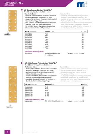 SCHLEIFMITTEL
abrasives
6 www.master-products.com
Technische Daten:
- Premium-Schleifmittel der neuesten Generation,
aufgebaut auf einem Filmträger (PTE Folie)
- geeignet für den Grob- und Zwischenschliff
- höchste Finishingqualität
- kein Zusetzen beim Planschleifen von Polyester-	
spachtel, Füller und allen Lacksystemen
- bis zu 200 % längere Standzeit im Vergleich zu 	
Standardschleifmittel auf Papierträger
MP Schleifpapier-Feilenstreifen “GoldFilm”
70 x 420 mm, 14-Loch / -hole, Klett / velcro
Technical Data:
- premium abrasive of the latest generation, 	
built on a plastic backing material (PTE)
- suitable for coarse and interim sanding
- high quality finishing
- no clogging during surface sanding of polyester
body fillers, primers and all paint systems
- standing time up to 200 % higher compared to 	
standard paper backing abrasives
56939 0040
56939 0060
56939 0080
56939 0120
56939 0150
56939 0180
Geeignetes Werkzeug / Tools:
59450 0203	
P 40
P 60
P 80
P 120
P 150
P 180
MP Schleiffeile 70 x 400 mm
50
50
50
50
50
50
s. Seite / pls. see page 17
Art.-Nr. / Item-No.		Körnung / Grit	 	 VE / Unit
Art.-Nr. / Item-No.		Körnung / Grit	 	 VE / Unit
MP Schleifpapier-Streifen “GoldFilm”
70 x 198 mm, 8-Loch / -hole, Klett / velcro
Technische Daten:
- Premium-Schleifmittel der neuesten Generation,
aufgebaut auf einem Filmträger (PTE Folie)
- geeignet für den Grob-, Zwischen- und Endschliff
- höchste Finishingqualität
- kein Zusetzen beim Planschleifen von Polyester­-
	 spachtel, Füller und allen Lacksystemen
- bis zu 200 % längere Standzeit im Vergleich zu
Standardschleifmittel auf Papierträger
Technical Data:
- premium abrasive of the latest generation,
built on a plastic backing material (PTE)
- suitable for coarse, interim and final sanding
- high quality finishing
- no clogging during surface sanding of polyester
body fillers, primers and all paint systems
- standing time up to 200 % higher compared to 	
standard paper backing abrasives
56937 0040
56937 0060
56937 0080
56937 0120
56937 0150
56937 0180
56937 0240
56937 0320
56937 0400
Geeignetes Werkzeug / Tools:
59450 0270	
P 40
P 60
P 80
P 120
P 150
P 180
P 240
P 320
P 400
MP Handblock AntiDust s. Seite / pls. see page 16
70 x 198 mm
50
50
50
50
50
50
50
50
50
 