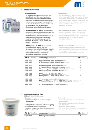 pflege & reinigung
care & clean
60 www.master-products.com
MP HandCareSystem
MP Reinigungstücher Wet
150 Stück / pieces in Dispenser
Technische Daten:
- MP Schutzlotion PL 3300 schützt die Haut
beim Einsatz von Ölen und organischen
Lösemitteln und vermindert erheblich das
Eindringen von Lackverdünnungsmitteln und 	
anderen lösemittelhaltigen Arbeitsstoffen in
die oberste Hautschicht und reduziert somit
die Haftwirkung von Lacken, Graphit,
Metallstaub, Fetten, Klebern und Harzen.
- MP Handreiniger HC 3600 ist ein besonders
gut hautverträglicher Spezialhandreiniger und 	
wurde speziell zum Entfernen von starken
und hartnäckigen Verschmutzungen (auch im
Fingernagelbett) im lackverarbeitenden
Gewerbe – wie Verschmutzungen durch
Ölfarben, 1K- und 2K-Lacken, Harzen und
Klebern – entwickelt.
- MP Pflegelotion CL 3900 ist eine spezielle
Hautpflegecreme, welche sich gut
verstreichen läßt, schnell in die Haut einzieht, 	
keinen störenden Fettfilm hinterläßt und die 	
natürliche Regeneration der Haut bei
permanenter Anwendung verstärkt.
Technische Daten:
- Spezialreinigungstuch zur Handreinigung
	 ohne Wasser
- reißfesteTücher besonders fest und saugfähig
- erfrischende Citrus-Parfümierung
- schnelles und sicheres Entfernen von Lacken,
	 Kleb- und Dichtstoffen
Technical Data:
- MP Schutzlotion PL 3300 protects the skin
when in contact with oils and organic solvents, 	
reduces the penetration of paint solvents and 	
other solvent based materials into the first skin 	
layer considerably. It reduces the adhesion of
paints, graphite, metal-dust, grease,
adhesives and resins.
- MP Handreiniger HC 3600 is a special hand
cleaner extra soft to the skin and specially
developed for removing strong and stubborn
stains (also for fingernails) in the paint industry
such as stains of oil, 1K- and 2K-paints,
resins and adhesives.
- MP Pflegelotion CL 3900 is a special skin
care lotion which is easy to be spread and
easily absorbed by the skin, does not leave an
annoying grease film and enforces the natural
regeneration of the skin if regularly used.
Technical Data:
- special cleaning cloth for hand-cleaning
	 without water
- tear-resistant tissues, extremely durable
	 and absorbent
- refreshing scent of lemon
- fast and efficient removal of paint as well as
bonding and sealing agents
51074 0000
51075 0000
51071 0000
51072 0000
51073 0000
51069 0000
51077 0000
51078 0000
51081 0000
51080 0001
51082 0000
MP Schutzlotion PL 3300, 250 mlTube / tube
MP Schutzlotion PL 3300, 1000 ml Flasche / bottle
MP Handreiniger HC 3600, 250 mlTube / tube
MP Handreiniger HC 3600, 1000 ml Flasche / bottle
MP Handreiniger HC 3600, 2000 ml Weichflasche / soft bottle
MP Handreiniger HC 3600, 10 ltr. Kanister / can
MP Pflegelotion CL 3900, 250 mlTube / tube
MP Pflegelotion CL 3900, 1000 ml Flasche / bottle
MP Pumpdispenser für 1000 ml Flasche / bottle
MP Kunststoff-Dispenser für / for 2000 ml Weichflasche / soft bottle
MP Pumpdispenser für / for 10 ltr. Kanister / can
24
10
24
10
6
1
24
10
1
1
1
51065 0000	 MP Reinigungstücher Wet	 				1
Art.-Nr. / Item-No.	 Bezeichnung / Description	 		 VE / Unit
Art.-Nr. / Item-No.	 Bezeichnung / Description	 		 VE / Unit
 