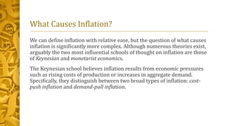 What Causes Inflation?
We can define inflation with relative ease, but the question of what causes
inflation is significantly more complex. Although numerous theories exist,
arguably the two most influential schools of thought on inflation are those
of Keynesian and monetarist economics.
The Keynesian school believes inflation results from economic pressures
such as rising costs of production or increases in aggregate demand.
Specifically, they distinguish between two broad types of inflation: cost-
push inflation and demand-pull inflation.
 