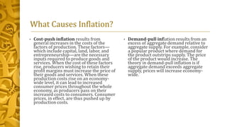 What Causes Inflation?
• Cost-push inflation results from
general increases in the costs of the
factors of production. These factors—
which include capital, land, labor, and
entrepreneurship—are the necessary
inputs required to produce goods and
services. When the cost of these factors
rise, producers wishing to retain their
profit margins must increase the price of
their goods and services. When these
production costs rise on an economy-
wide level, it can lead to increased
consumer prices throughout the whole
economy, as producers pass on their
increased costs to consumers. Consumer
prices, in effect, are thus pushed up by
production costs.
• Demand-pull inflation results from an
excess of aggregate demand relative to
aggregate supply. For example, consider
a popular product where demand for
the product outstrips supply. The price
of the product would increase. The
theory in demand-pull inflation is if
aggregate demand exceeds aggregate
supply, prices will increase economy-
wide.
 