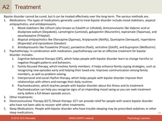 IGNOU MAPC material© 2016, M S Ahluwalia Psychology Learners
Treatment
13
A2
Bipolar disorder cannot be cured, but it can be treated effectively over the long-term. The various methods are:
1. Medications: The types of medications generally used to treat bipolar disorder include mood stabilizers, atypical
antipsychotics, and antidepressants.
1. Mood stabilizers like Lithium (also known as Eskalith or Lithobid), Anticonvulsants like Valproic acid or
divalproex sodium (Depakote), Lamotrigine (Lamictal), gabapentin (Neurontin), topiramate (Topamax), and
oxcarbazepine (Trileptal).
2. Atypical antipsychotics like Olanzapine (Zyprexa), Aripiprazole (Abilify), Quetiapine (Seroquel), risperidone
(Risperdal) and ziprasidone (Geodon)
3. Antidepressants like Fluoxetine (Prozac), paroxetine (Paxil), sertraline (Zoloft), and bupropion (Wellbutrin).
2. Psychotherapy: In combination with medication, psychotherapy can be an effective treatment for bipolar
disorder. Includes:
1. Cognitive behavioral therapy (CBT), which helps people with bipolar disorder learn to change harmful or
negative thought patterns and behaviors.
2. Family-focused therapy, which involves family members. It helps enhance family coping strategies, such as
recognizing new episodes early and helping their loved one. Improves communication among family
members, as well as problem-solving.
3. Interpersonal and social rhythm therapy, which helps people with bipolar disorder improve their
relationships with others and manage their daily routines.
4. Psychoeducation, which teaches people with bipolar disorder about the illness and its treatment.
Psychoeducation can help you recognize signs of an impending mood swing so you can seek treatment
early, before a full-blown episode occurs.
3. Other treatments:
4. Electroconvulsive Therapy (ECT) /Shock therapy: ECT can provide relief for people with severe bipolar disorder
who have not been able to recover with other treatments.
5. Sleep Medications: People with bipolar disorder who have trouble sleeping may be prescribed sedatives or other
sleep medications.
 