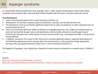 IGNOU MAPC material© 2016, M S Ahluwalia Psychology Learners
Asperger syndrome
39
A9
It is named after Austrian pediatrician Hans Asperger who, in 1944, studied and described children who lacked
nonverbal communication skills, demonstrated limited empathy with their peers, and were physically clumsy.
Essential features:
1. severe and sustained impairment in social interaction (Criterion A)
2. development of restricted, repetitive patterns of behavior, interests, and activities (Criterion B)
3. The disturbance must cause clinically significant impairment in social, occupational, or other important areas of
functioning (Criterion C).
4. There are no clinically significant delays or deviance in language acquisition (e.g., single non-echoed words are
used communicatively by age 2 years, and spontaneous communicative phrases are used by age 3 years)
(Criterion D), although more subtle aspects of social communication (e.g., ty pical give-and-take in conversation)
may be affected.
5. In addition, during the first 3 years of life, there are no clinically significant delays in cognitive development as
manifested by expressing normal curiosity about the environment or in the acquisition of age-appropriate
learning s kills and adaptive behaviors (other than in social interaction) (Criterion E).
The diagnosis of Asperger's was replaced by a diagnosis of autism spectrum disorder on a severity scale, in (DSM-5).
* * *
Sources:
https://en.wikipedia.org/wiki/Asperger_syndrome
Diagnostic and Statistical Manual of Mental Disorders - DSM IV TR by American Psychiatric Association
 