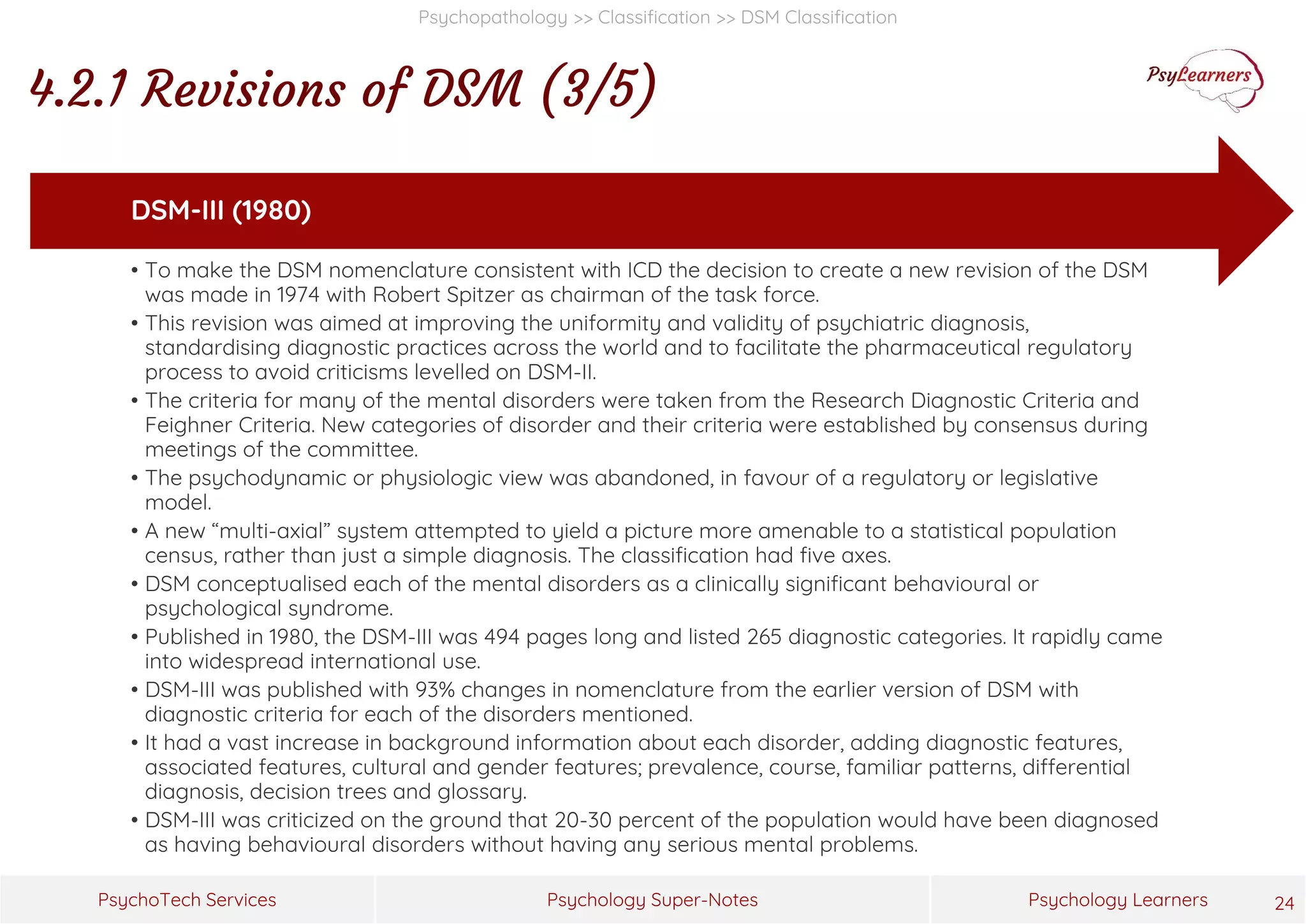 Psychology Super-Notes
PsychoTech Services Psychology Learners
Psychopathology >> Classification >> DSM Classification
4.2.1 Revisions of DSM (3/5)
24
• To make the DSM nomenclature consistent with ICD the decision to create a new revision of the DSM
was made in 1974 with Robert Spitzer as chairman of the task force.
• This revision was aimed at improving the uniformity and validity of psychiatric diagnosis,
standardising diagnostic practices across the world and to facilitate the pharmaceutical regulatory
process to avoid criticisms levelled on DSM-II.
• The criteria for many of the mental disorders were taken from the Research Diagnostic Criteria and
Feighner Criteria. New categories of disorder and their criteria were established by consensus during
meetings of the committee.
• The psychodynamic or physiologic view was abandoned, in favour of a regulatory or legislative
model.
• A new “multi-axial” system attempted to yield a picture more amenable to a statistical population
census, rather than just a simple diagnosis. The classification had five axes.
• DSM conceptualised each of the mental disorders as a clinically significant behavioural or
psychological syndrome.
• Published in 1980, the DSM-III was 494 pages long and listed 265 diagnostic categories. It rapidly came
into widespread international use.
• DSM-III was published with 93% changes in nomenclature from the earlier version of DSM with
diagnostic criteria for each of the disorders mentioned.
• It had a vast increase in background information about each disorder, adding diagnostic features,
associated features, cultural and gender features; prevalence, course, familiar patterns, differential
diagnosis, decision trees and glossary.
• DSM-III was criticized on the ground that 20-30 percent of the population would have been diagnosed
as having behavioural disorders without having any serious mental problems.
DSM-III (1980)
 